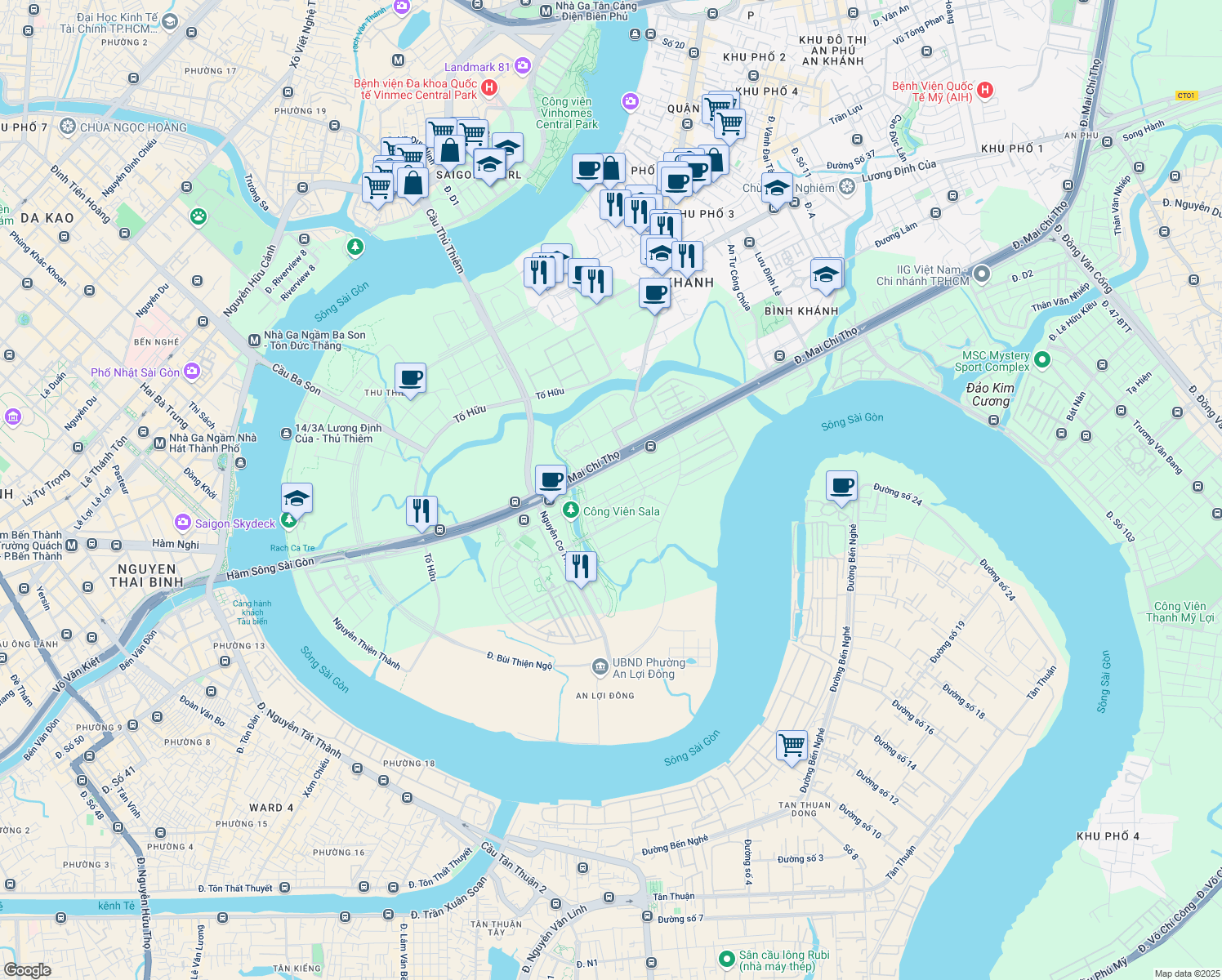 map of restaurants, bars, coffee shops, grocery stores, and more near 62 Hoàng Thế Thiện in Quận 2