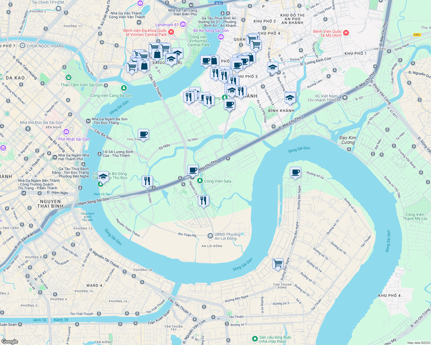map of restaurants, bars, coffee shops, grocery stores, and more near 62 Hoàng Thế Thiện in Quận 2