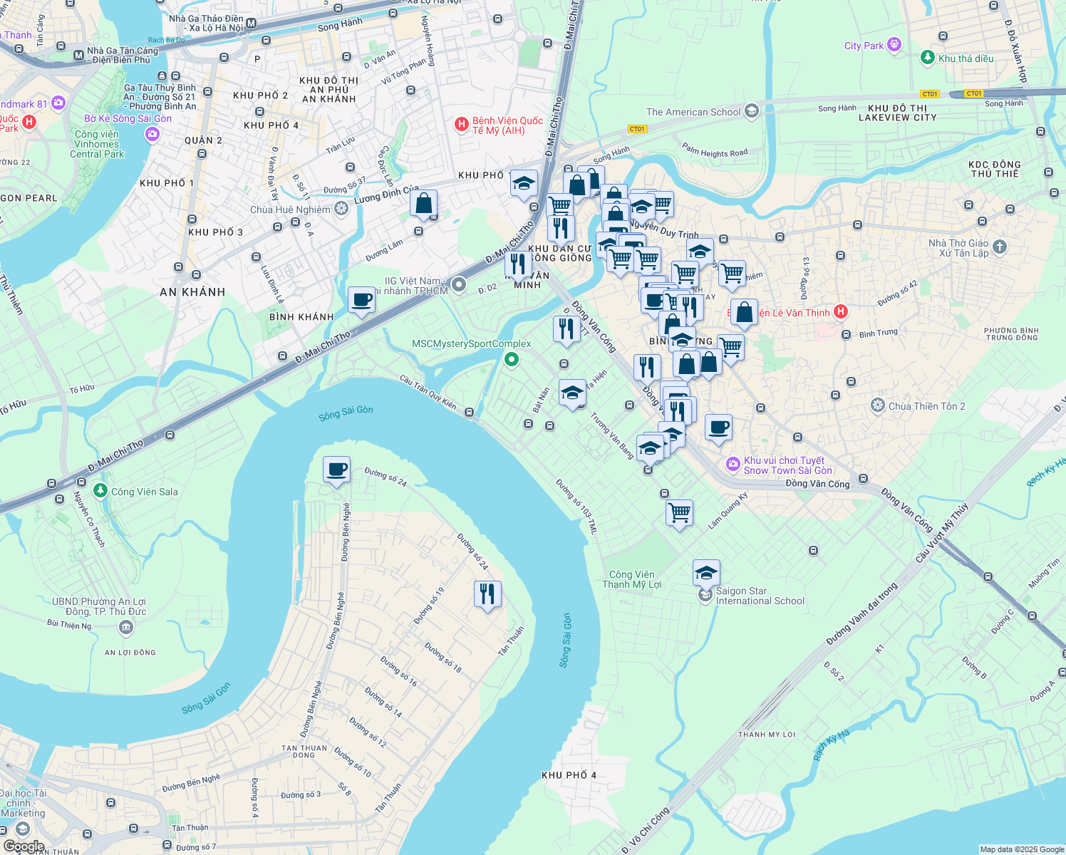 map of restaurants, bars, coffee shops, grocery stores, and more near Bát Nàn in Quận 2