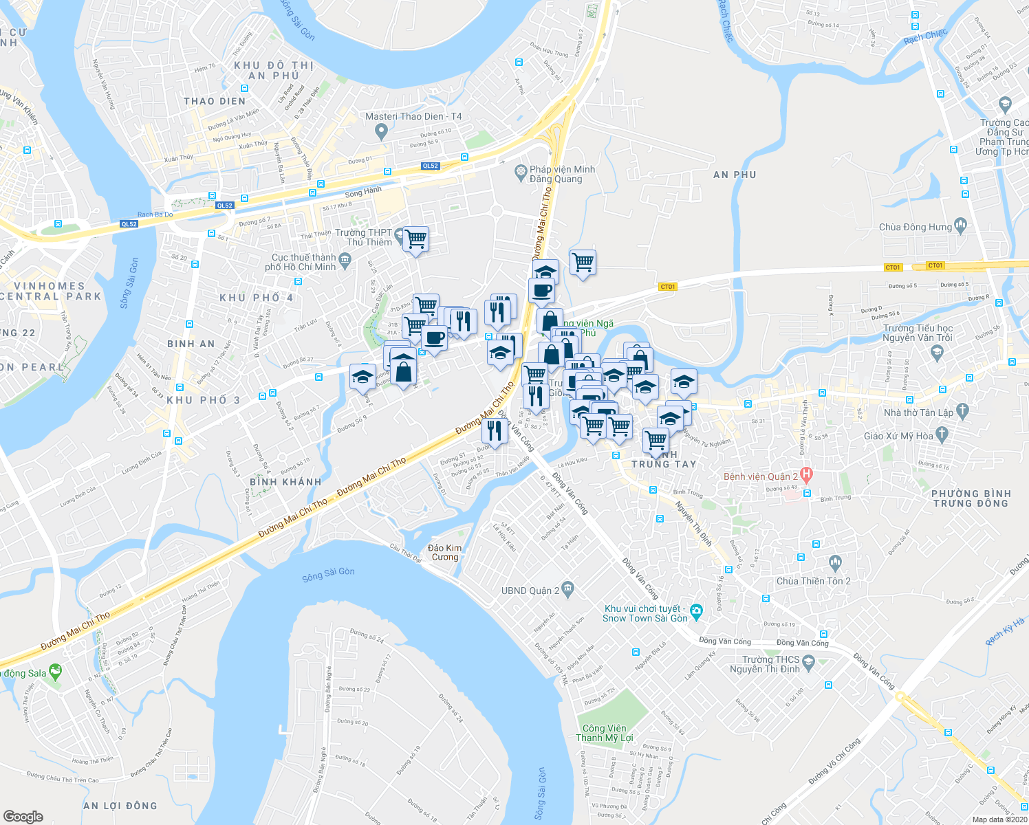 map of restaurants, bars, coffee shops, grocery stores, and more near 50 Đường Mai Chí Thọ in Quận 2