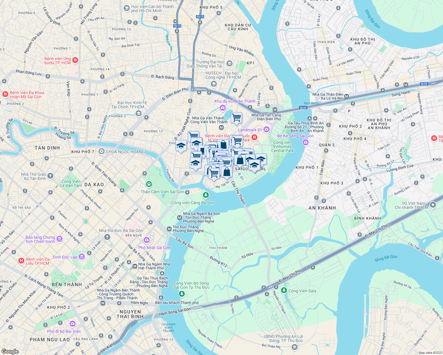 map of restaurants, bars, coffee shops, grocery stores, and more near Nguyễn Hữu Cảnh in Bình Thạnh