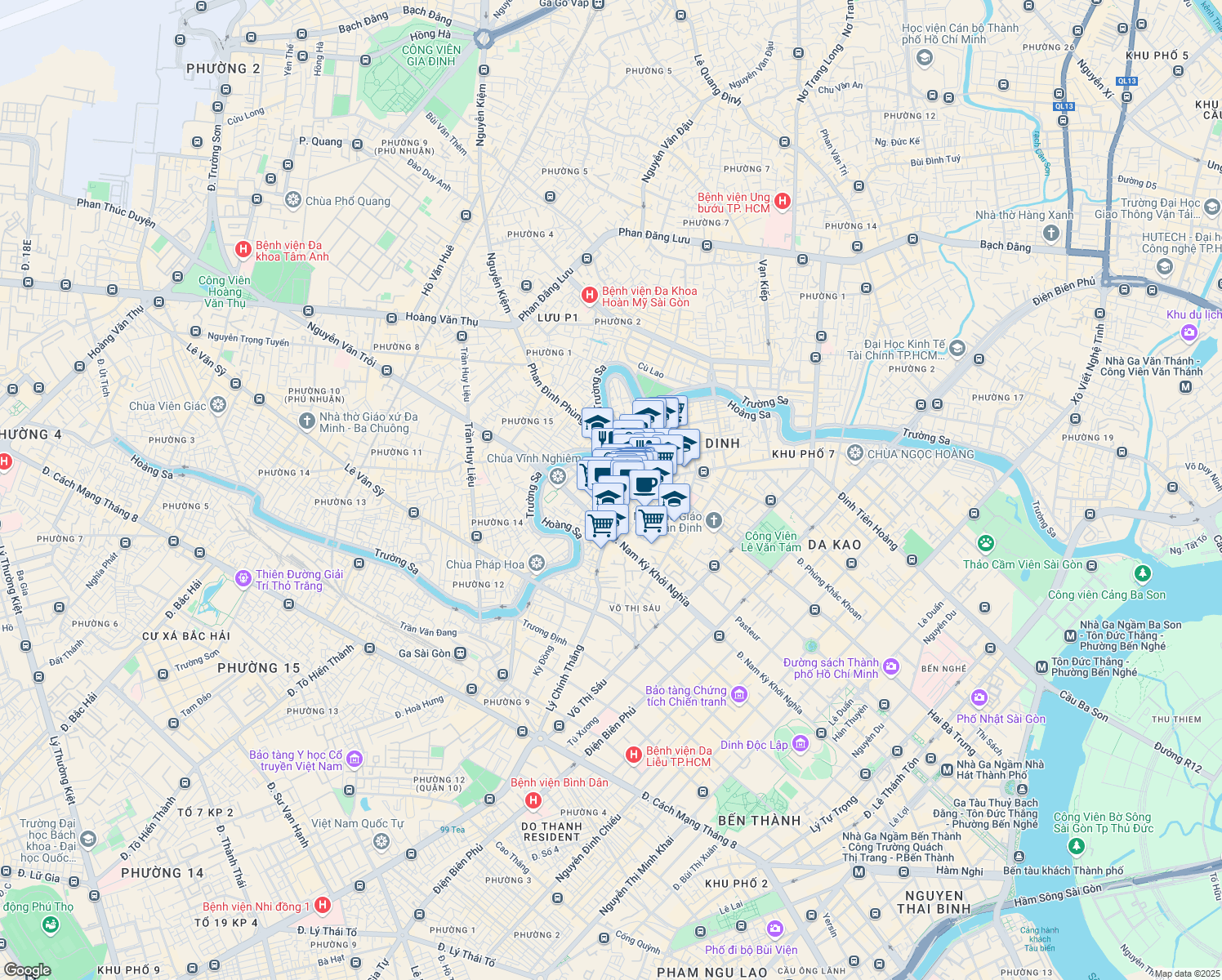 map of restaurants, bars, coffee shops, grocery stores, and more near 183 Đường Song Hành in Quận 2