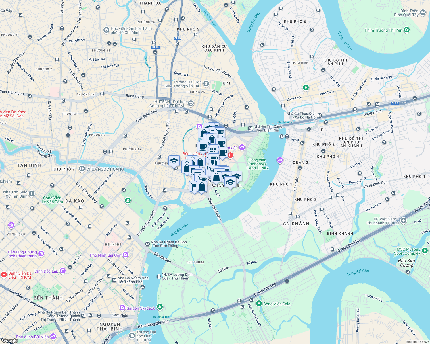 map of restaurants, bars, coffee shops, grocery stores, and more near Nguyễn Hữu Cảnh in Bình Thạnh
