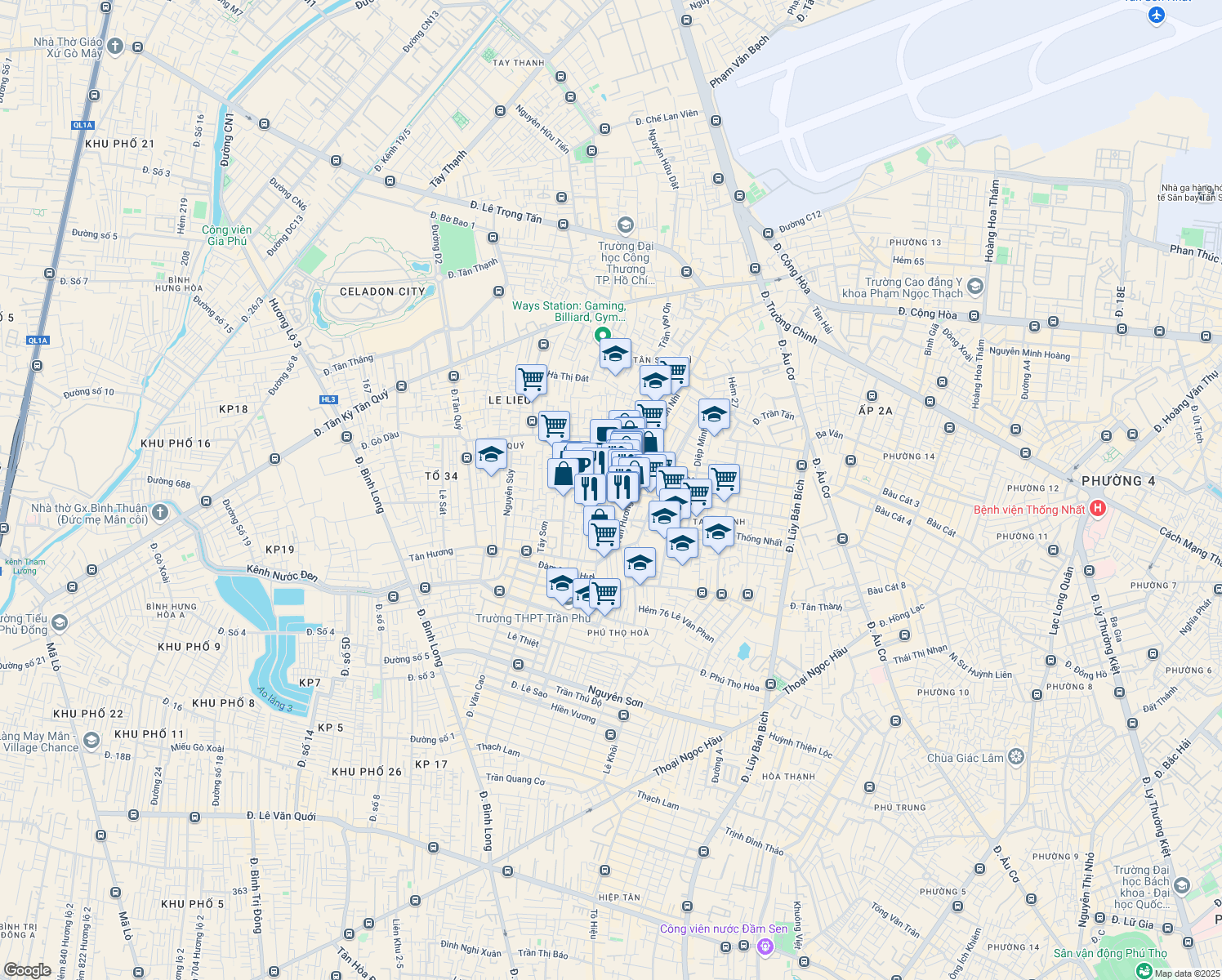 map of restaurants, bars, coffee shops, grocery stores, and more near So Do So 896 Độc Lập in Ho Chi Minh City