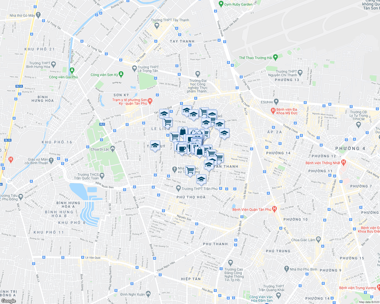map of restaurants, bars, coffee shops, grocery stores, and more near So Do So 896 Độc Lập in Ho Chi Minh City