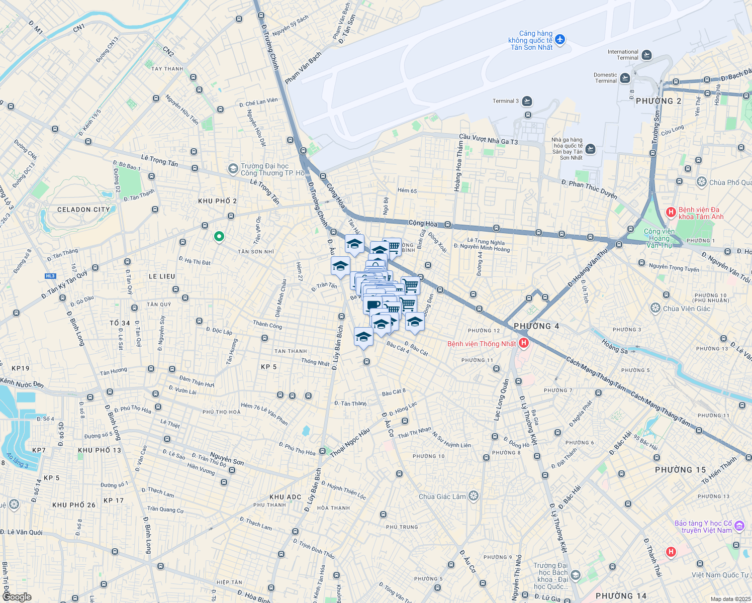 map of restaurants, bars, coffee shops, grocery stores, and more near Trương Công Định in Tân Bình