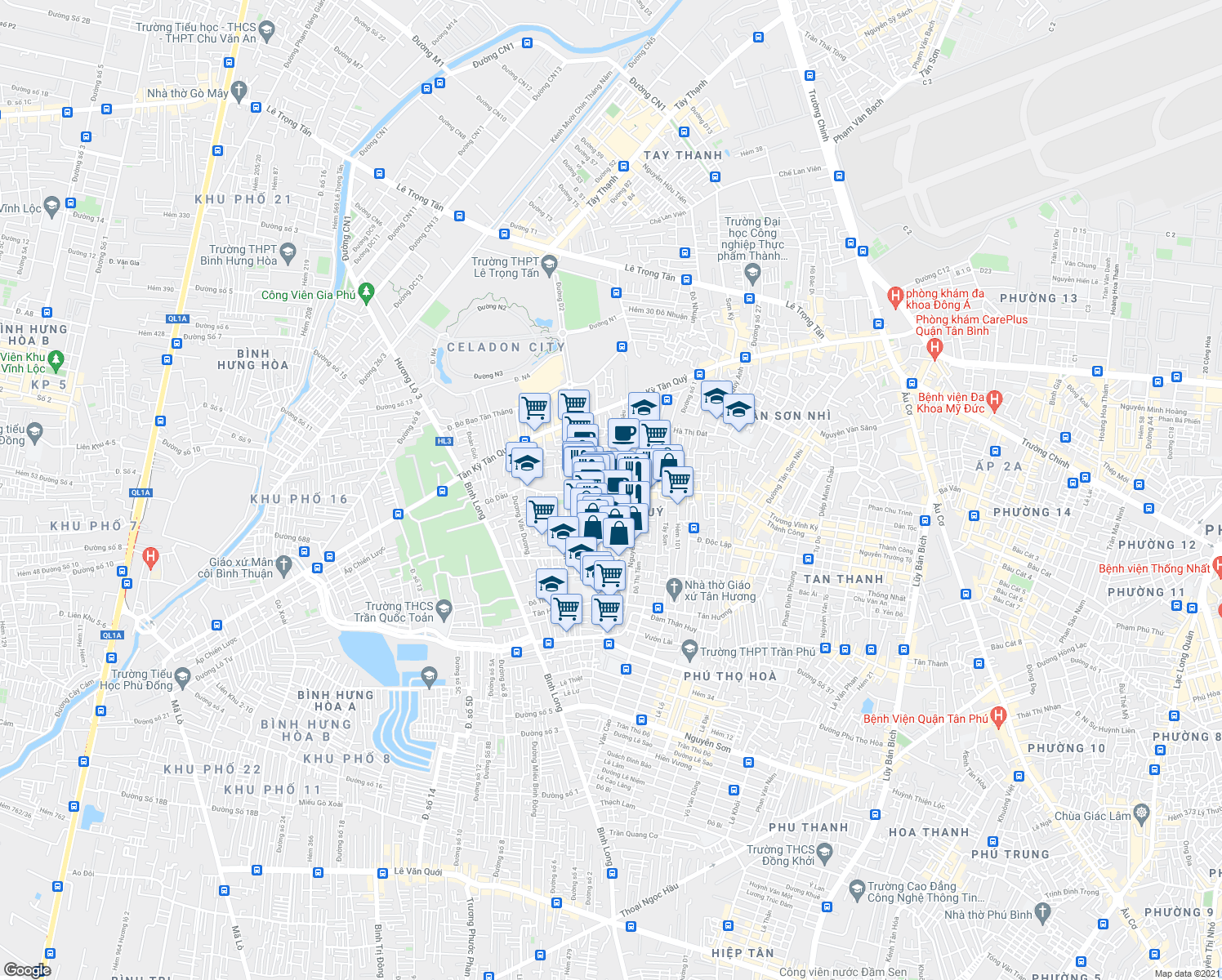 map of restaurants, bars, coffee shops, grocery stores, and more near 322/21/3 Đ. Minh Phụng in Quận 11