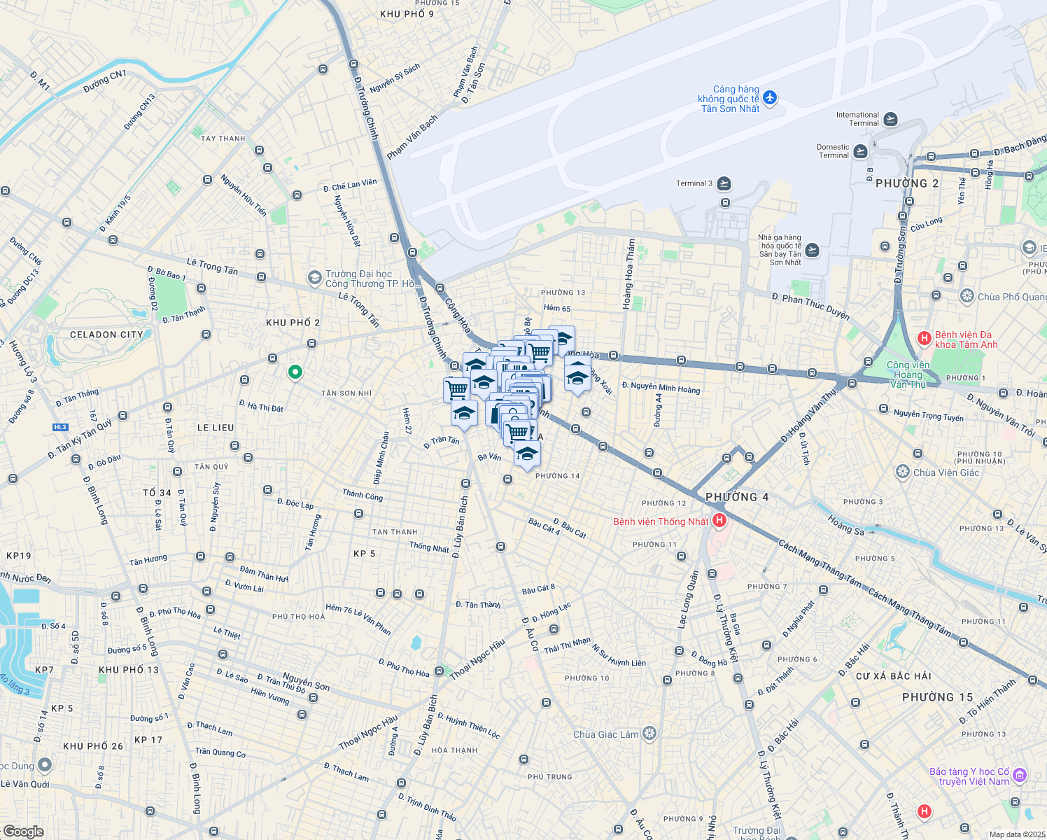 map of restaurants, bars, coffee shops, grocery stores, and more near Trương Công Định in Tân Bình