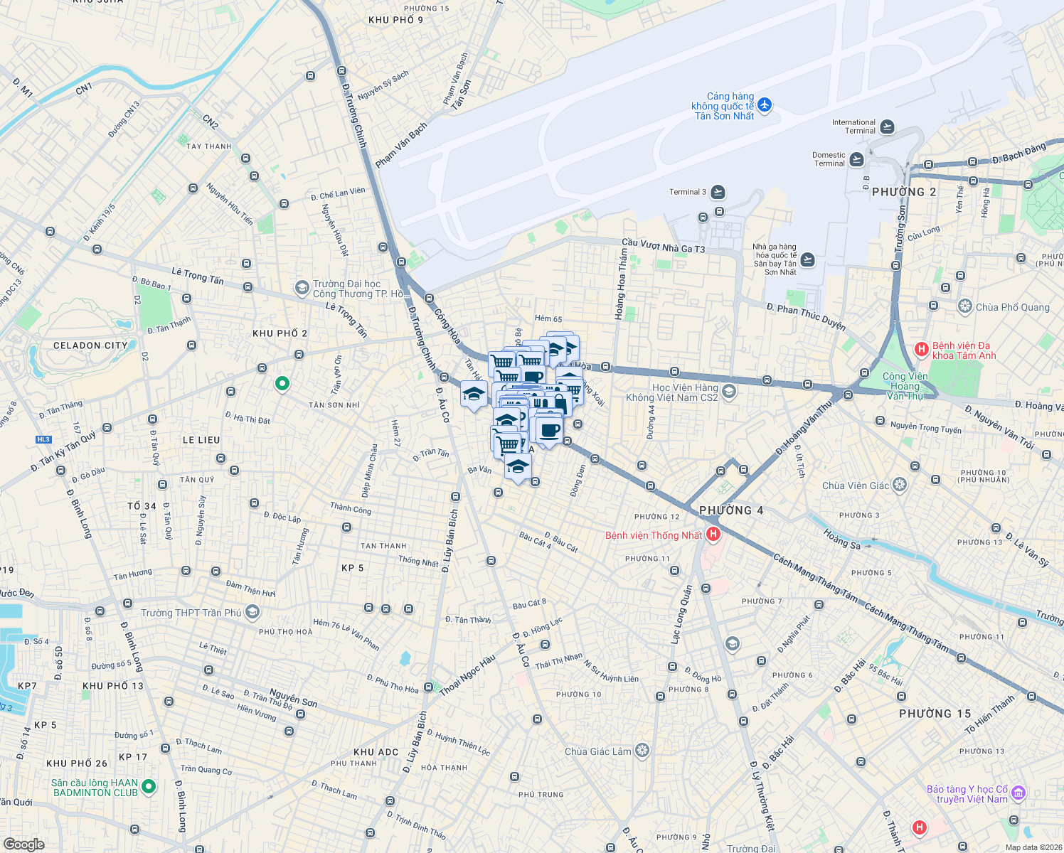 map of restaurants, bars, coffee shops, grocery stores, and more near 395 Đường Trường Chinh in Tân Bình