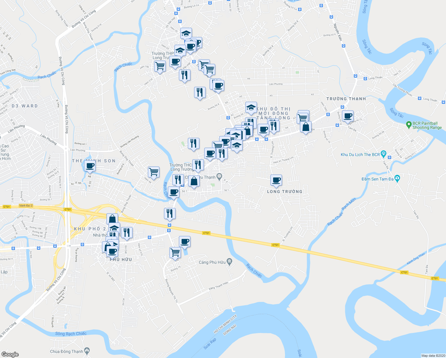 map of restaurants, bars, coffee shops, grocery stores, and more near Đường Số 6 in Quận 9