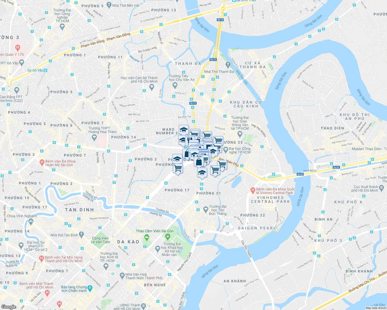 map of restaurants, bars, coffee shops, grocery stores, and more near 335 Điện Biên Phủ in Bình Thạnh