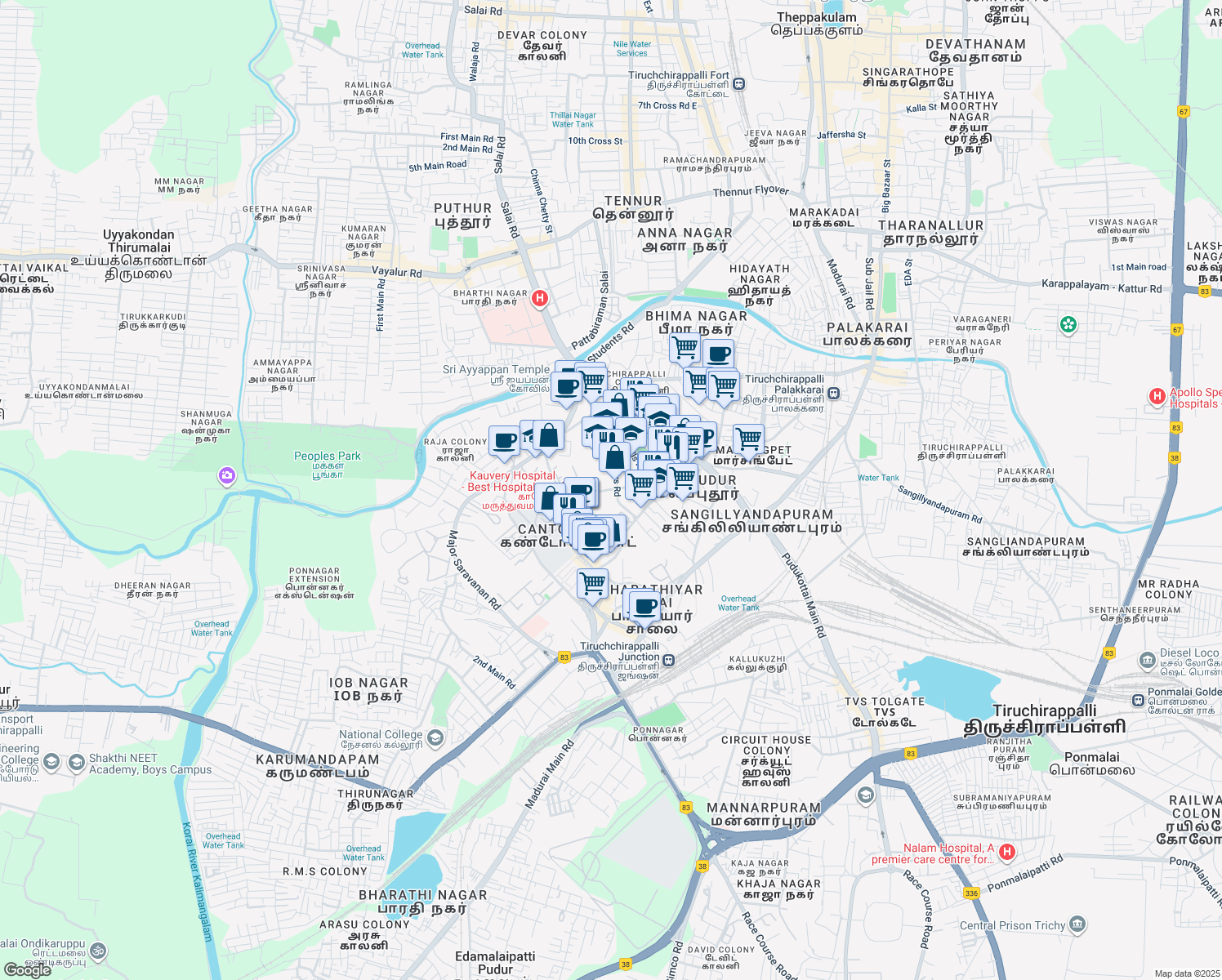 map of restaurants, bars, coffee shops, grocery stores, and more near 27 Alexandria Road in Tiruchirappalli