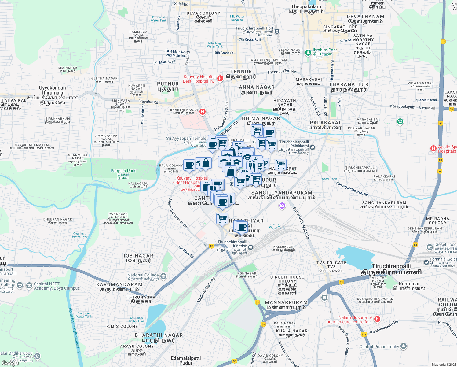 map of restaurants, bars, coffee shops, grocery stores, and more near 27 Alexandria Road in Tiruchirappalli