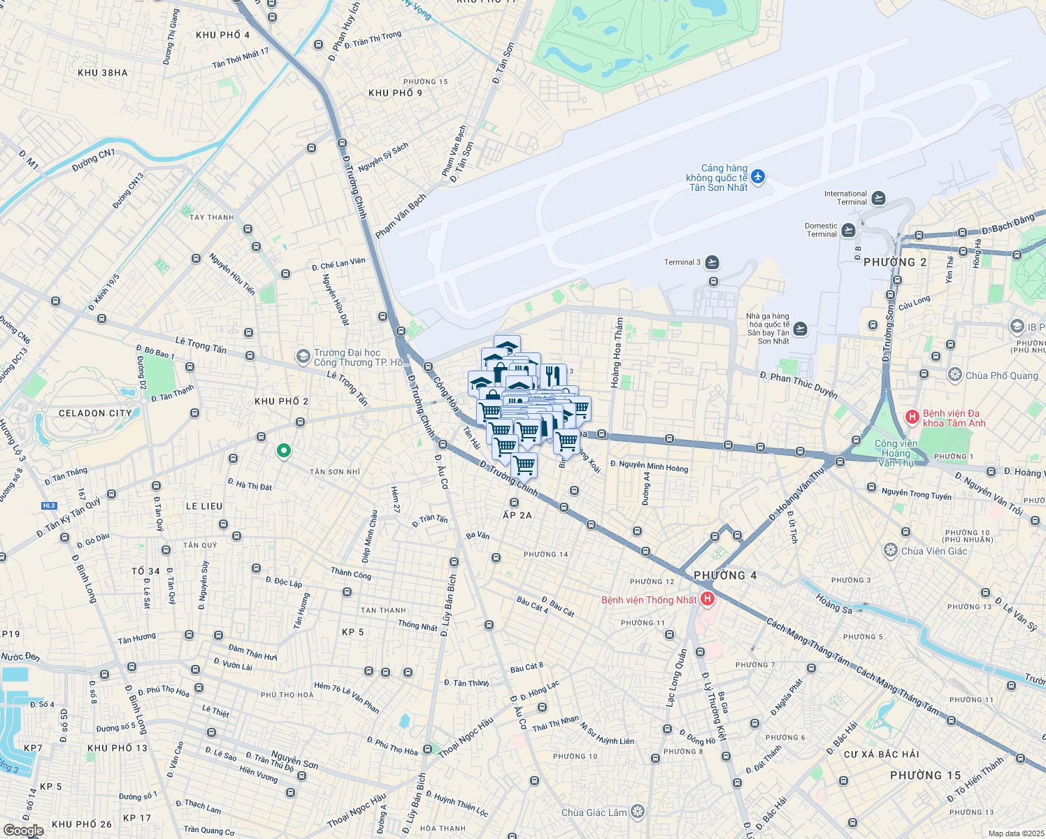 map of restaurants, bars, coffee shops, grocery stores, and more near Thân Nhân Trung in Tân Bình