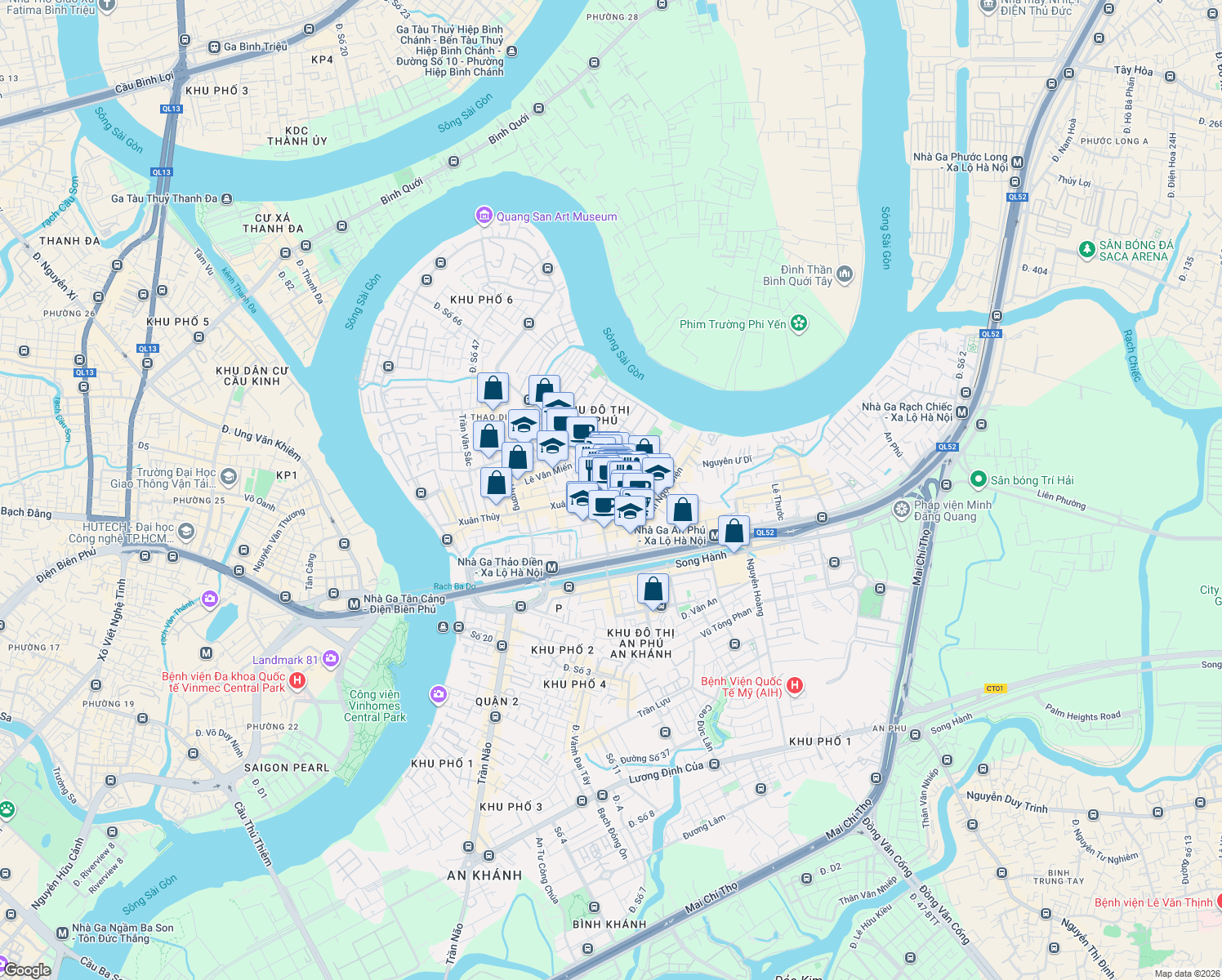 map of restaurants, bars, coffee shops, grocery stores, and more near 18 Thảo Điền in 2
