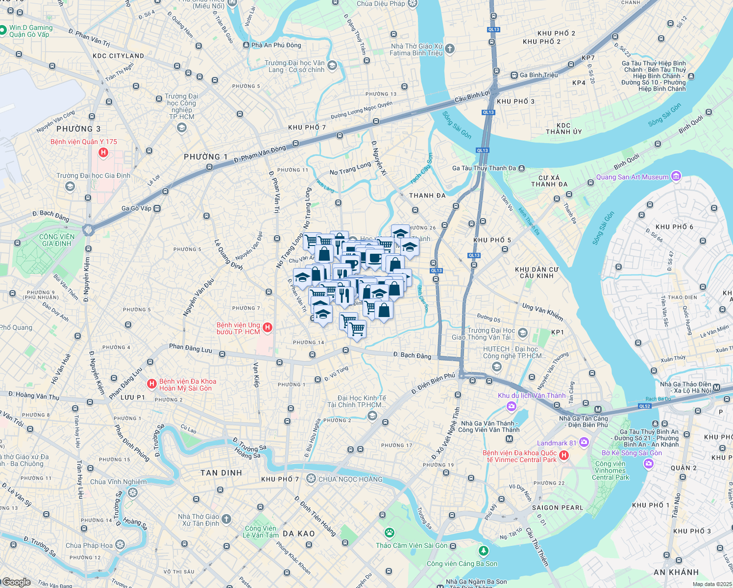 map of restaurants, bars, coffee shops, grocery stores, and more near Bùi Đình Tuý in Bình Thạnh