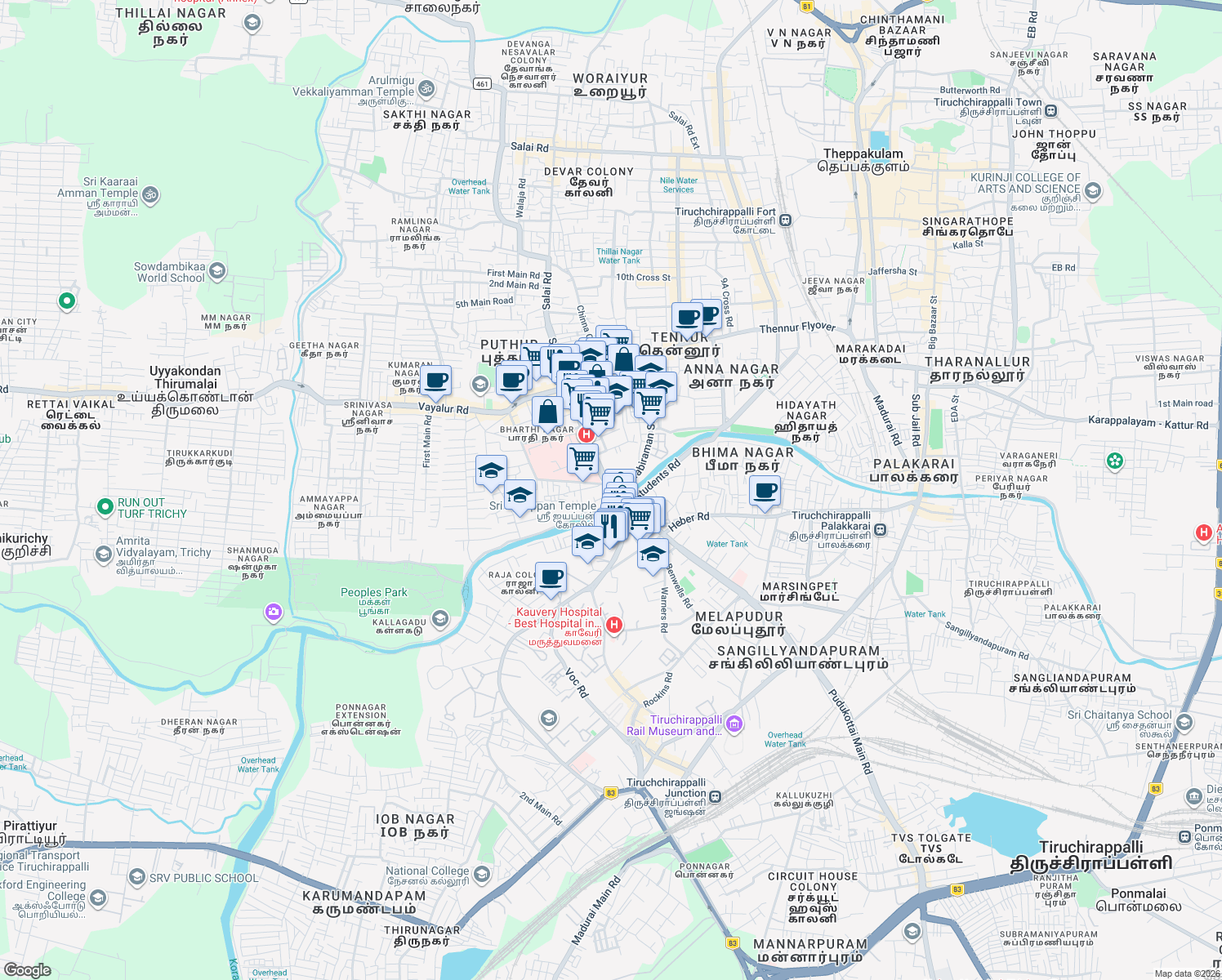 map of restaurants, bars, coffee shops, grocery stores, and more near Bharathidasan Salai in Tiruchirappalli