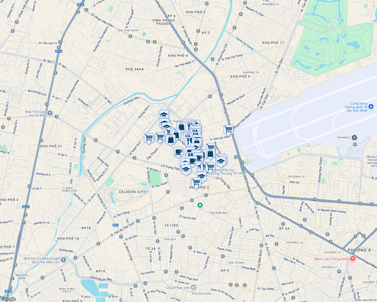 map of restaurants, bars, coffee shops, grocery stores, and more near 41 Nguyễn Hữu Tiến in Tân Phú