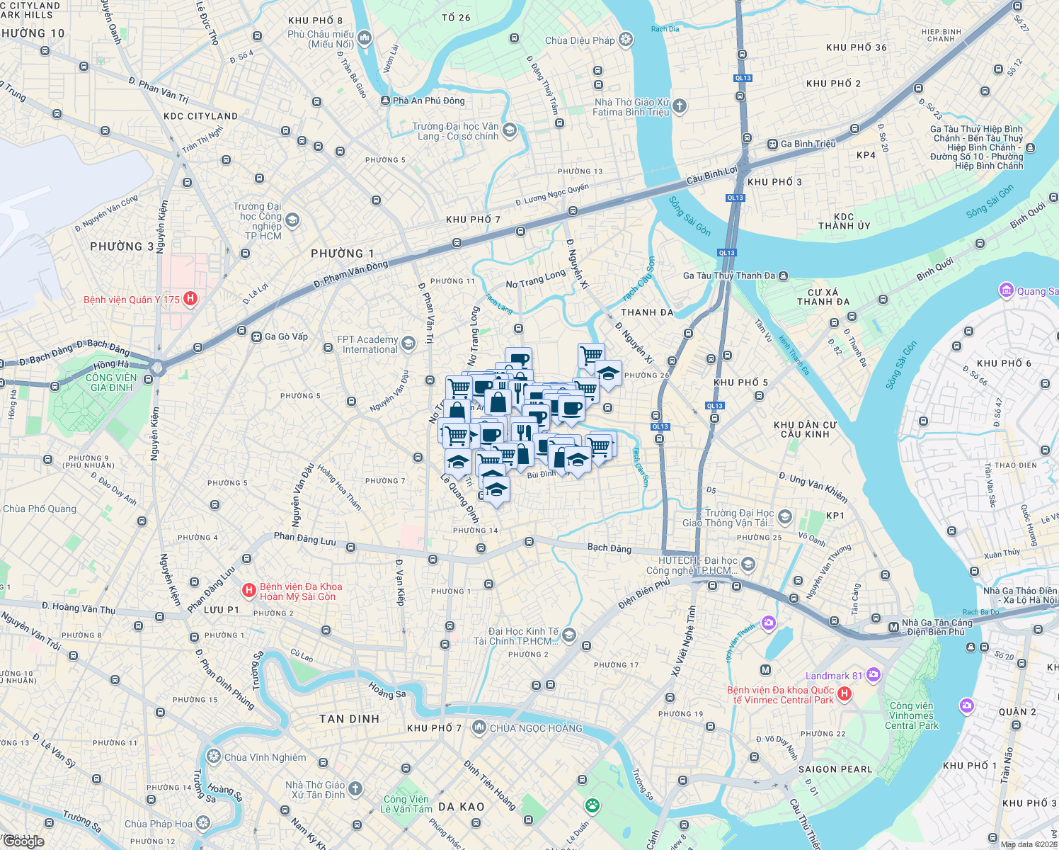 map of restaurants, bars, coffee shops, grocery stores, and more near Phan Chu Trinh in Ho Chi Minh City
