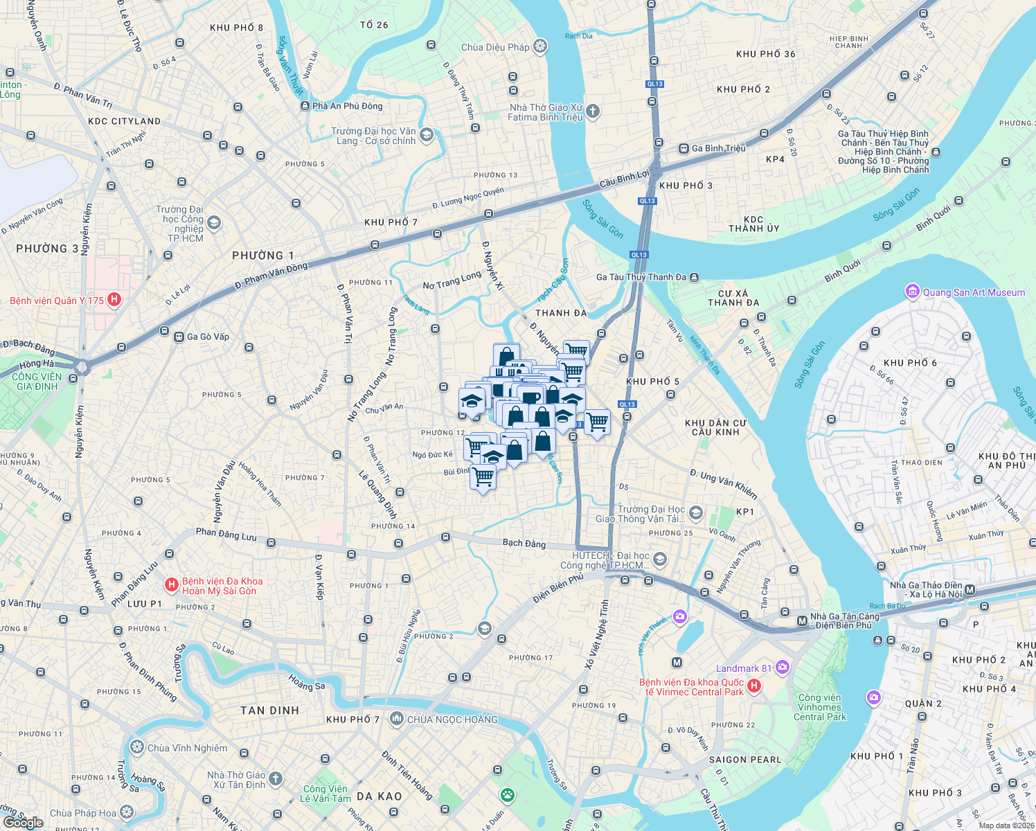 map of restaurants, bars, coffee shops, grocery stores, and more near Chu Văn An in Bình Thạnh