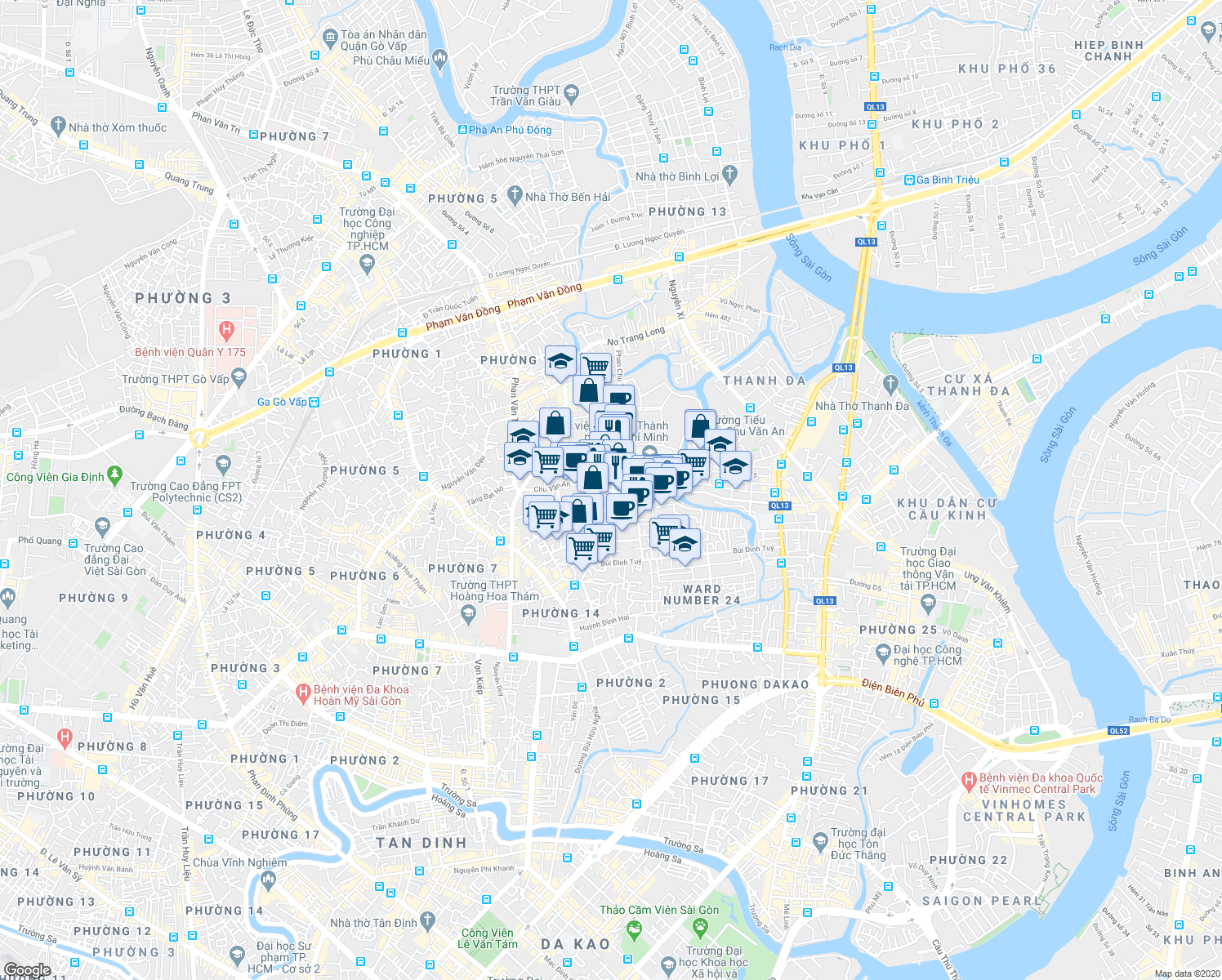 map of restaurants, bars, coffee shops, grocery stores, and more near Phan Chu Trinh in Ho Chi Minh City