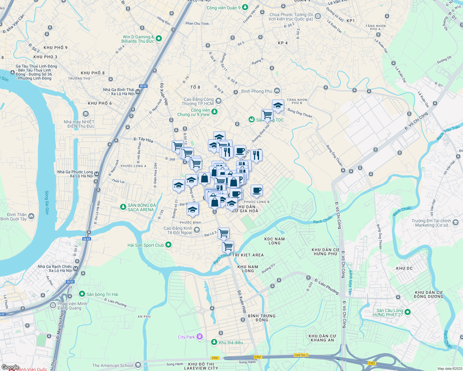 map of restaurants, bars, coffee shops, grocery stores, and more near Đường Số 359 in Quận 9