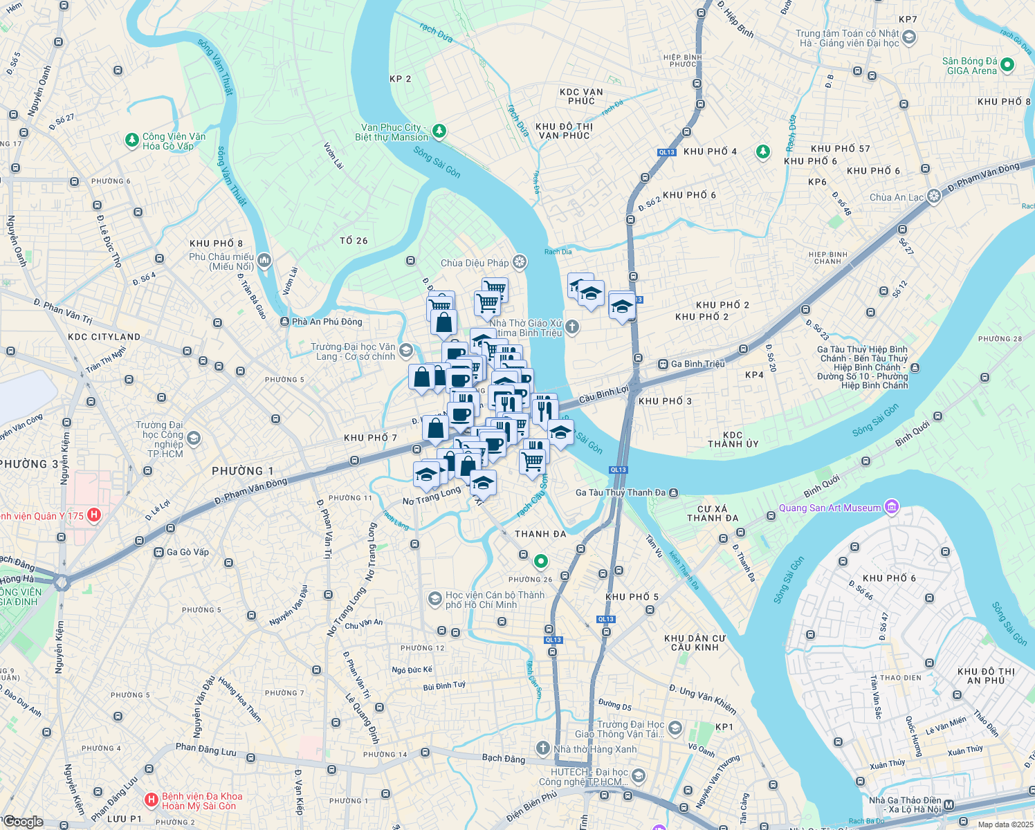 map of restaurants, bars, coffee shops, grocery stores, and more near 178 Nơ Trang Long in Binh Thanh District