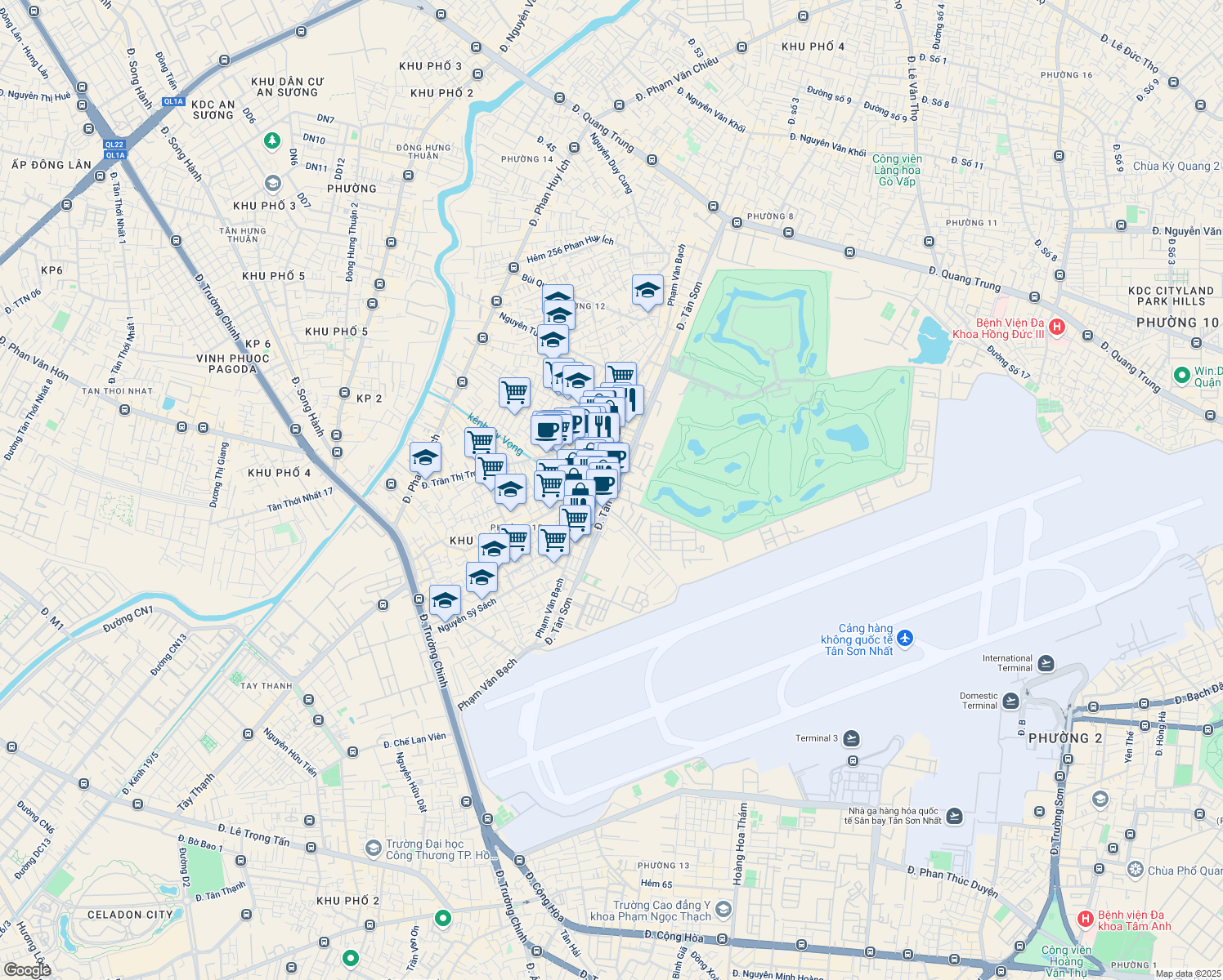 map of restaurants, bars, coffee shops, grocery stores, and more near 291 Đường Tân Sơn in Tân Bình
