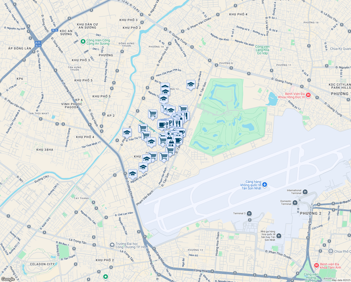 map of restaurants, bars, coffee shops, grocery stores, and more near Phạm Văn Bạch in Tân Bình