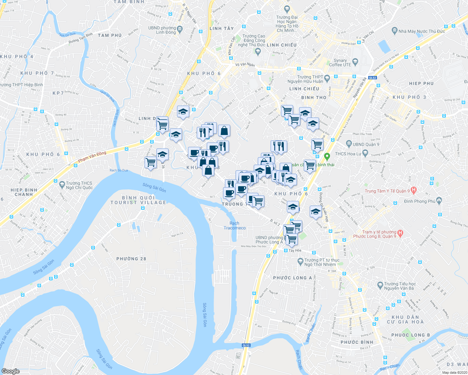 map of restaurants, bars, coffee shops, grocery stores, and more near Đường số 2 in Thủ Đức
