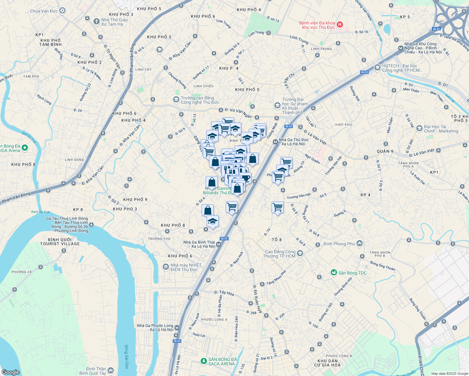 map of restaurants, bars, coffee shops, grocery stores, and more near 49 Đặng Văn Bi in Thu Duc District