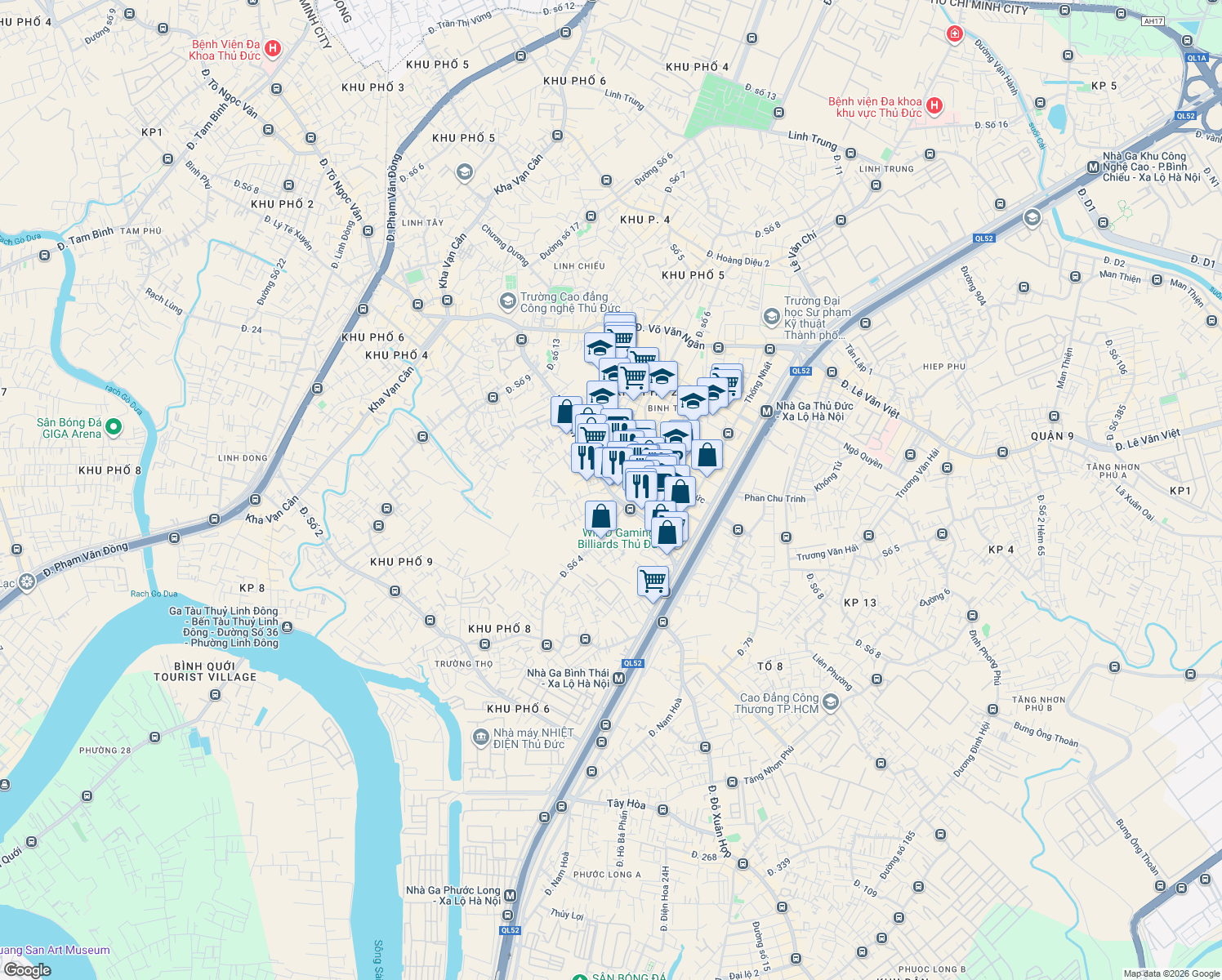 map of restaurants, bars, coffee shops, grocery stores, and more near 52 Đặng Văn Bi in Thủ Đức District