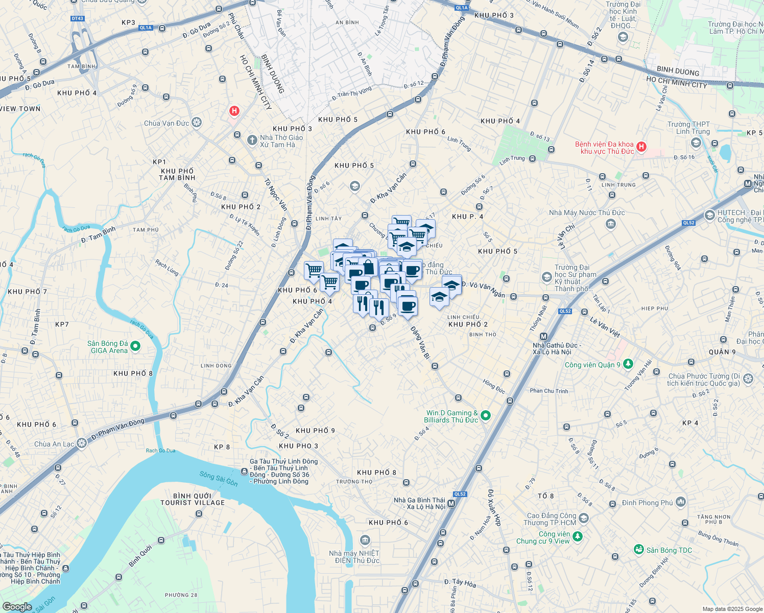 map of restaurants, bars, coffee shops, grocery stores, and more near Đường số 2 in Thủ Đức