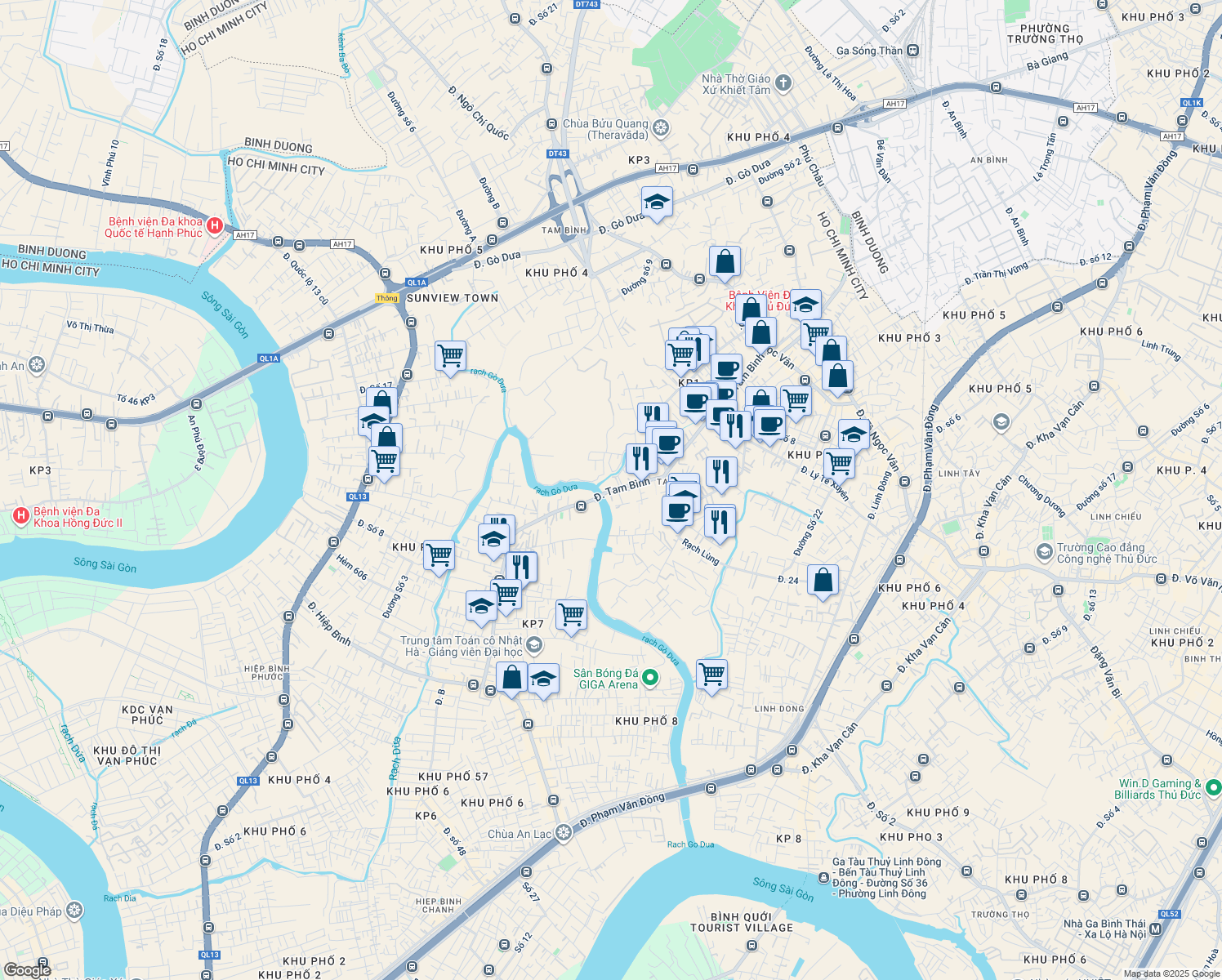 map of restaurants, bars, coffee shops, grocery stores, and more near Đường Tam Bình in Thủ Đức