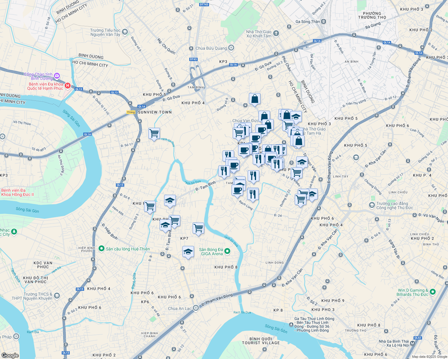 map of restaurants, bars, coffee shops, grocery stores, and more near Đường Tam Bình in Thủ Đức