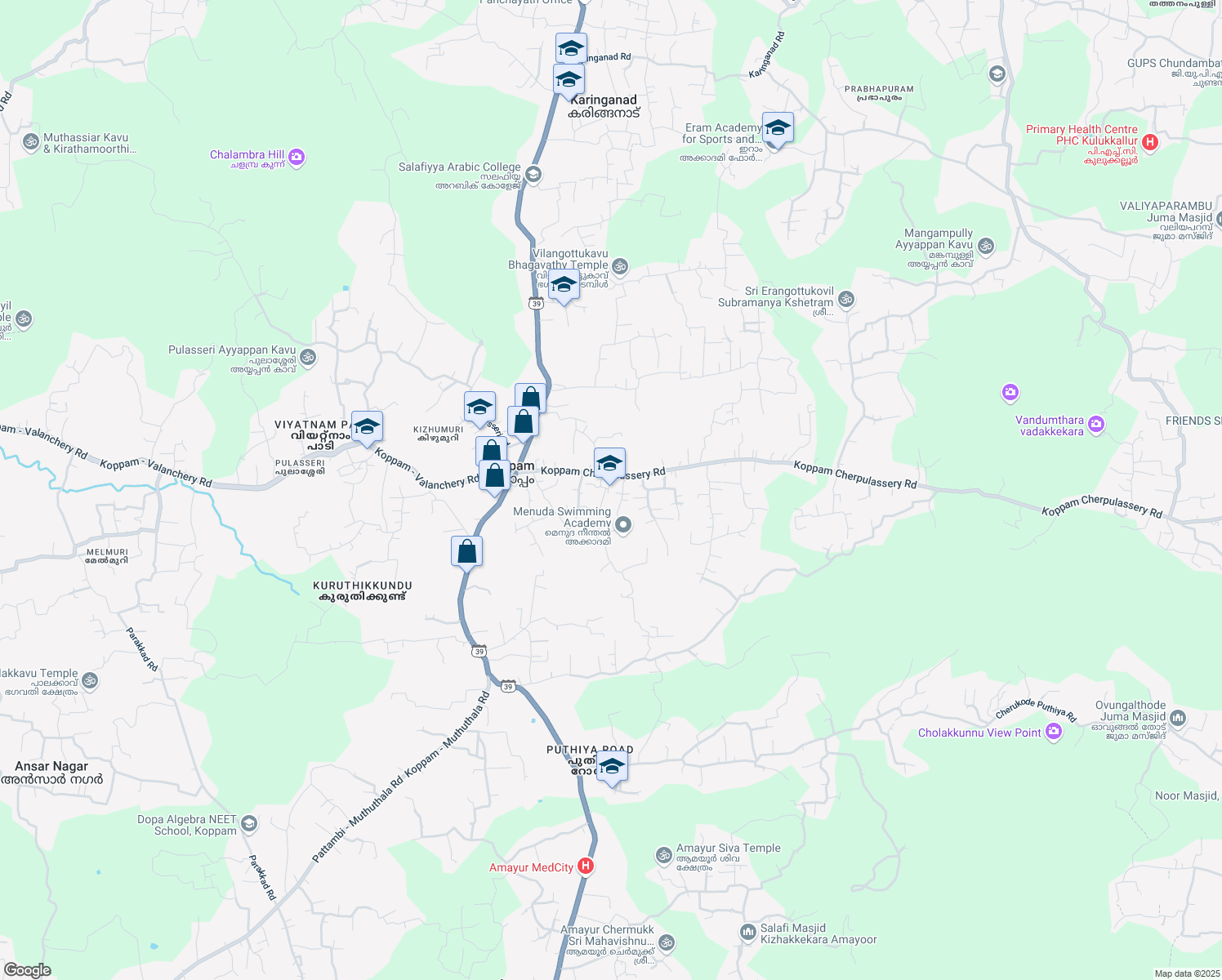 map of restaurants, bars, coffee shops, grocery stores, and more near Koppam Cherpulassery Road in Koppam