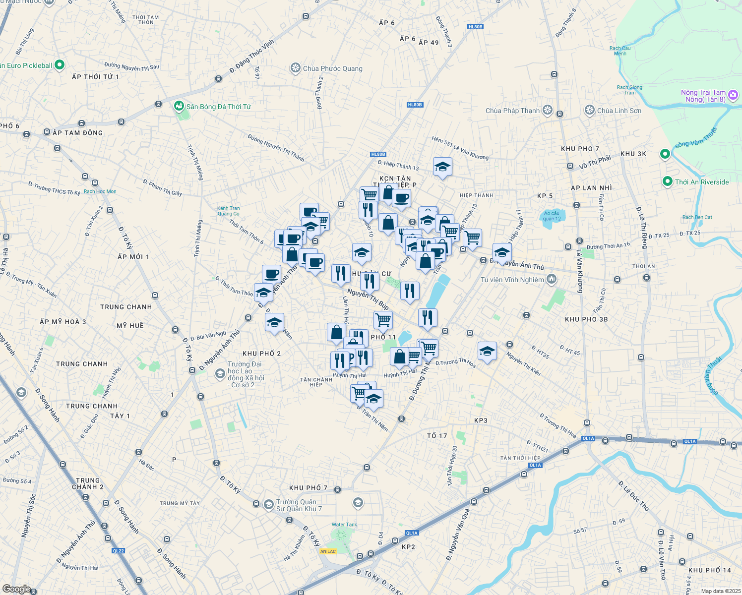 map of restaurants, bars, coffee shops, grocery stores, and more near Nguyễn Thị Búp in Quận 12