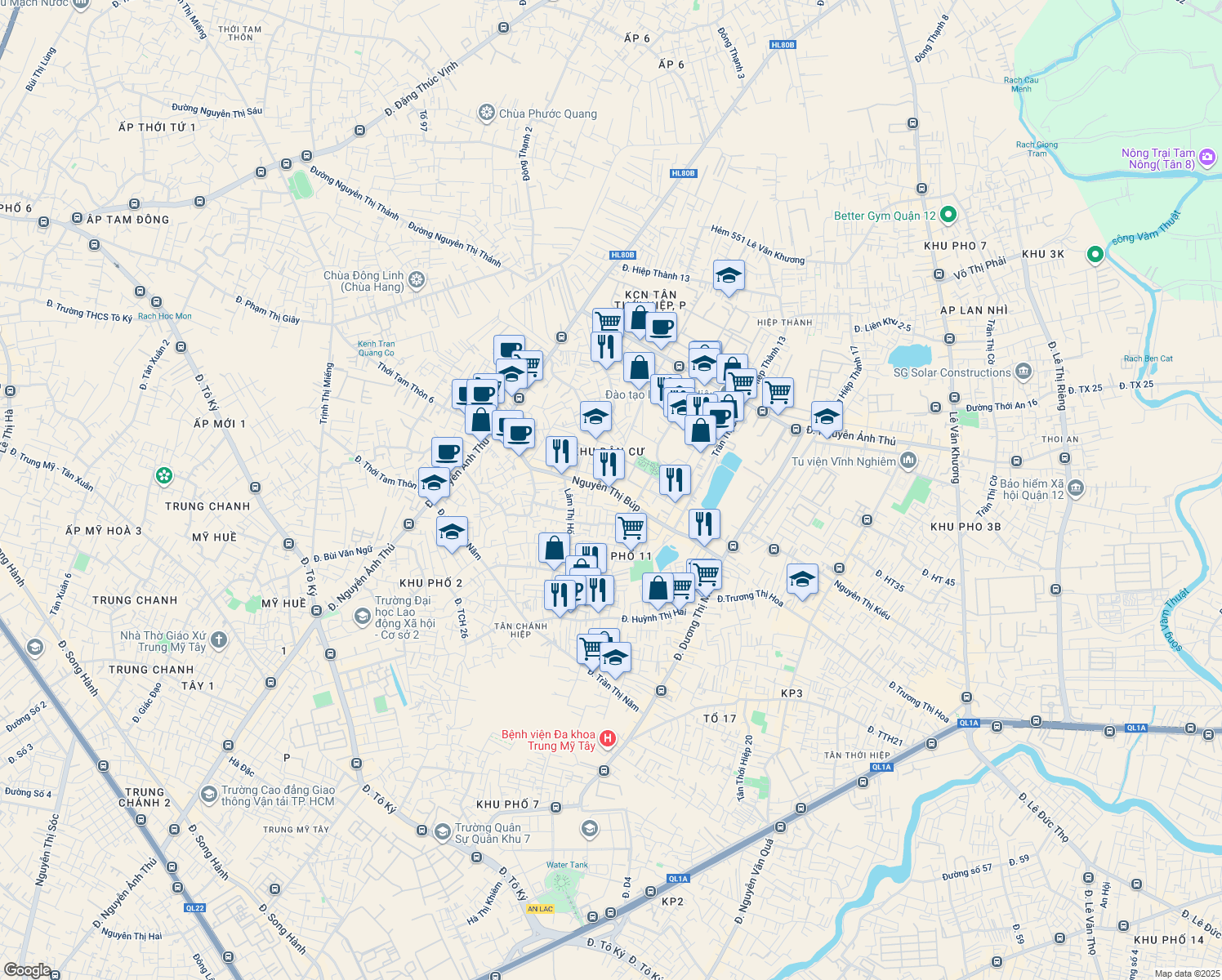 map of restaurants, bars, coffee shops, grocery stores, and more near Nguyễn Thị Búp in Quận 12