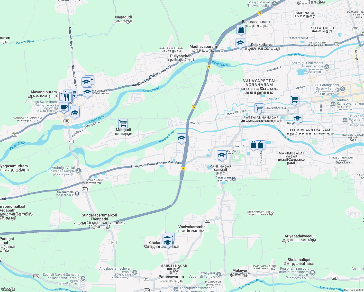 map of restaurants, bars, coffee shops, grocery stores, and more near Sevaliyar Sivaji Nagar Road in Kumbakonam
