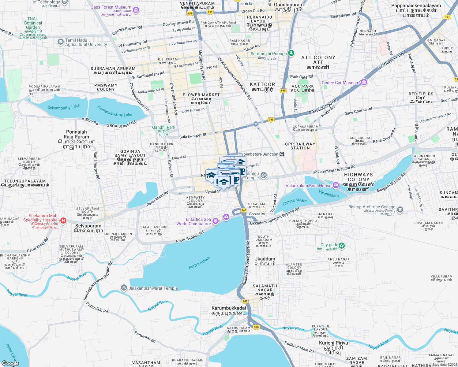 map of restaurants, bars, coffee shops, grocery stores, and more near Big Bazaar Street in Coimbatore