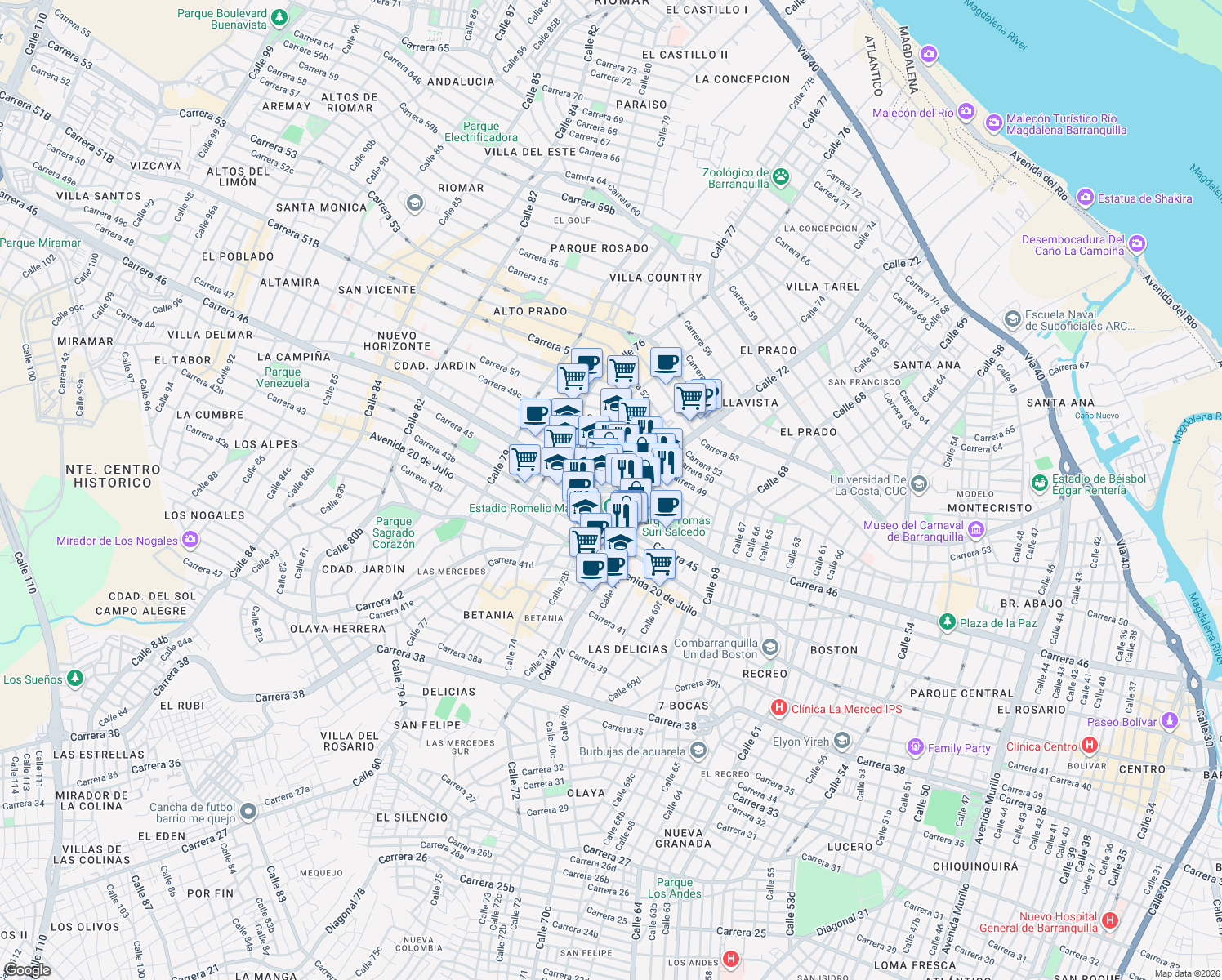 map of restaurants, bars, coffee shops, grocery stores, and more near Carrera 46 in Barranquilla