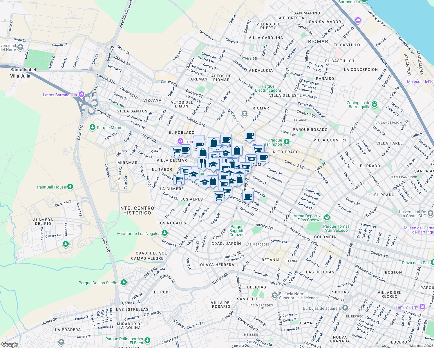 map of restaurants, bars, coffee shops, grocery stores, and more near Cl. 85 in Barranquilla