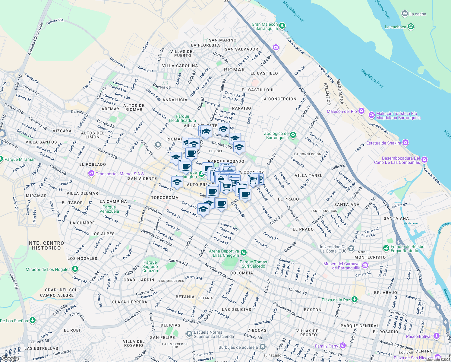 map of restaurants, bars, coffee shops, grocery stores, and more near Carrera 55 in Barranquilla