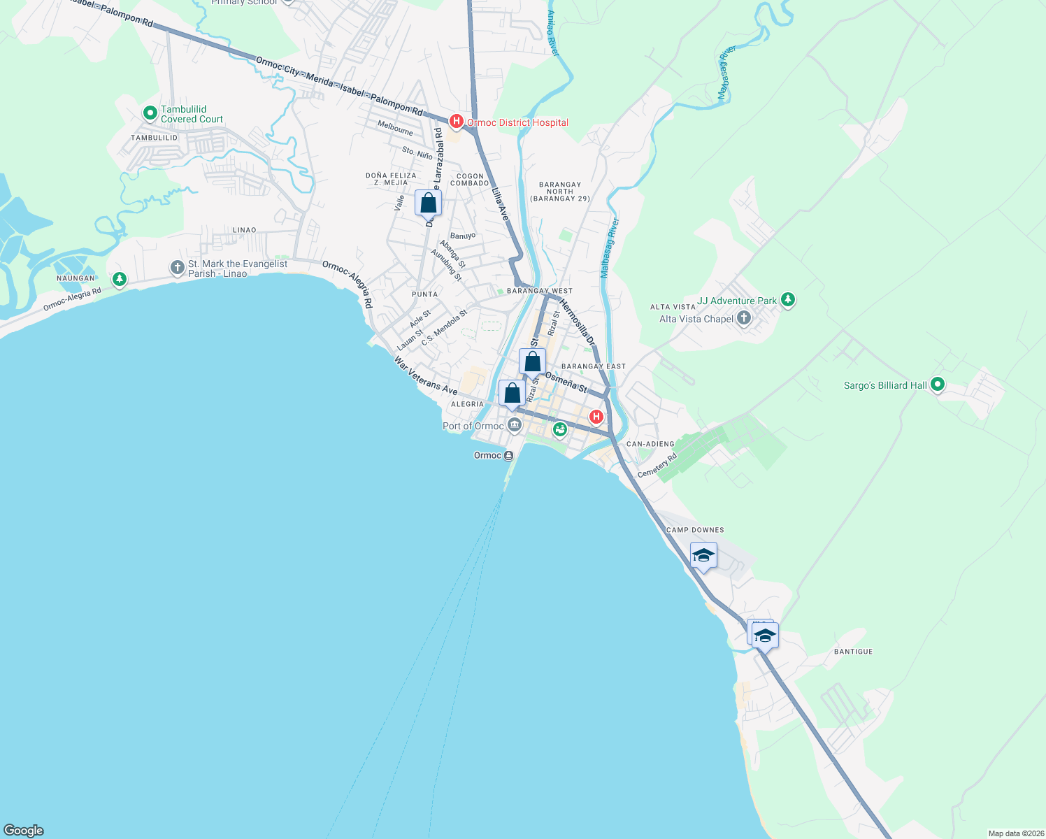 map of restaurants, bars, coffee shops, grocery stores, and more near Burgos Street in Ormoc City