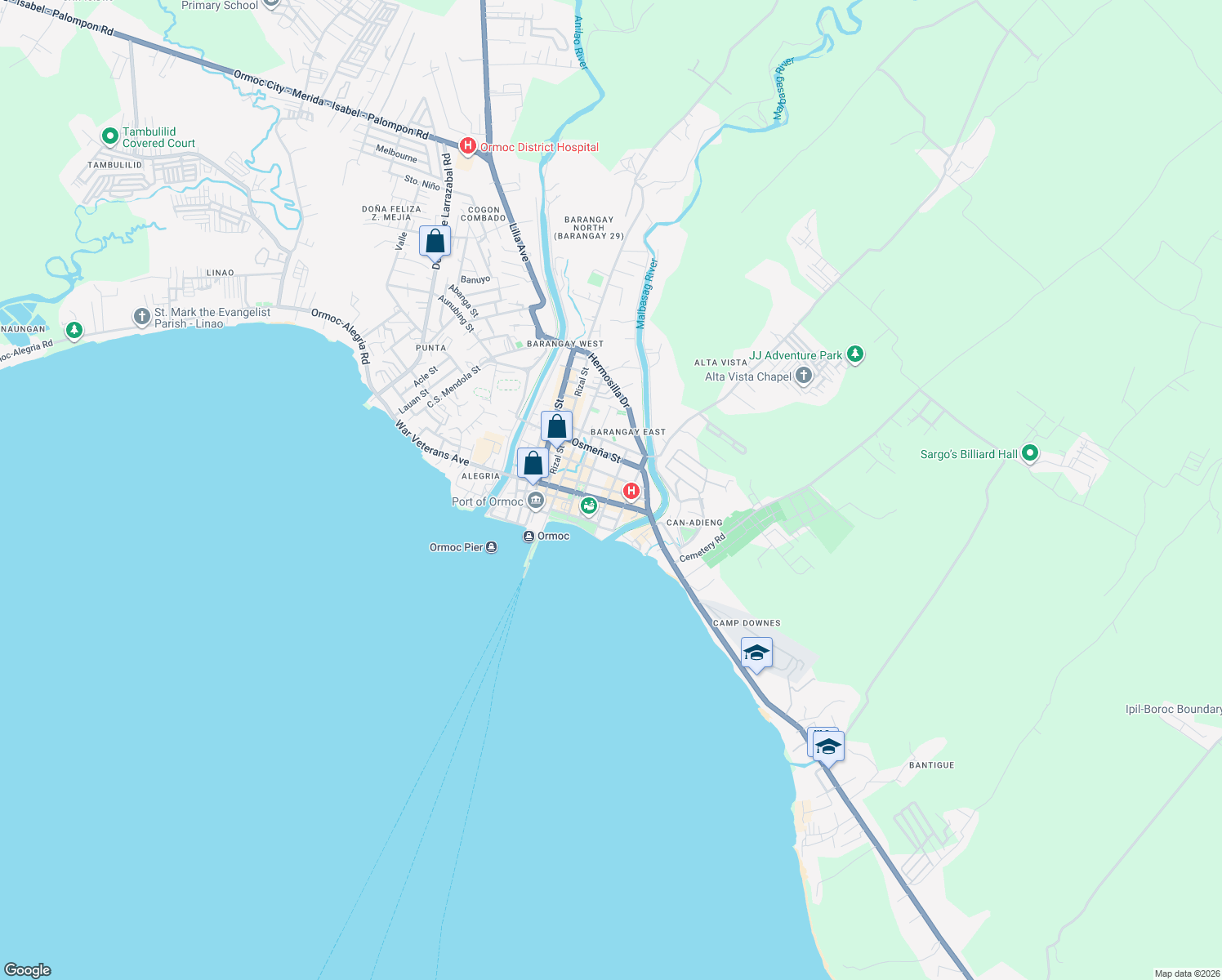 map of restaurants, bars, coffee shops, grocery stores, and more near San Pedro Street in Ormoc City