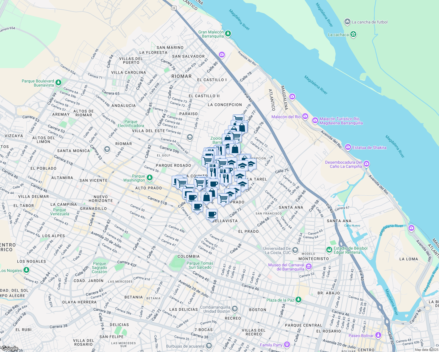 map of restaurants, bars, coffee shops, grocery stores, and more near 7612 Carrera 59 in Barranquilla