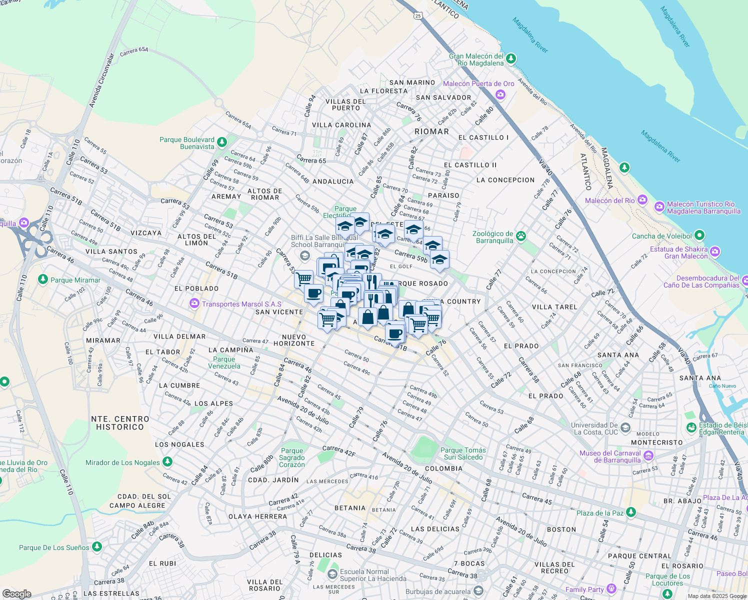 map of restaurants, bars, coffee shops, grocery stores, and more near Carrera 55 in Barranquilla