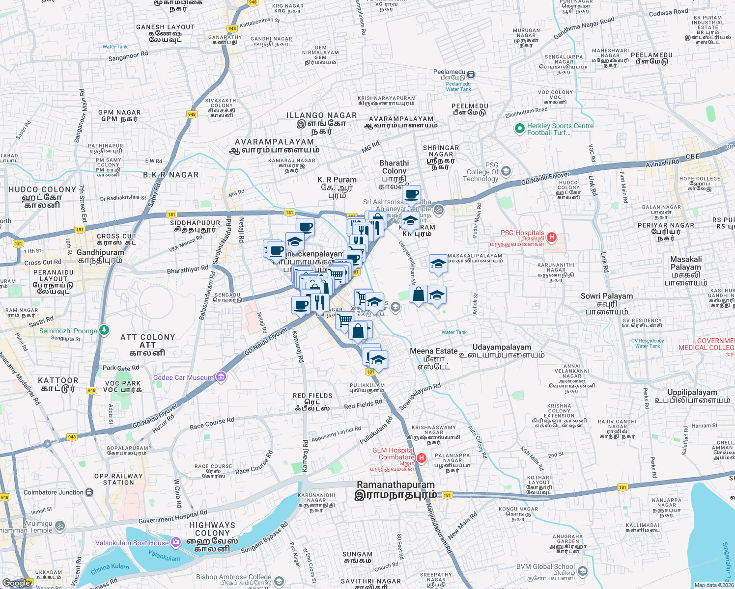 map of restaurants, bars, coffee shops, grocery stores, and more near Amman Kulam Road in Coimbatore