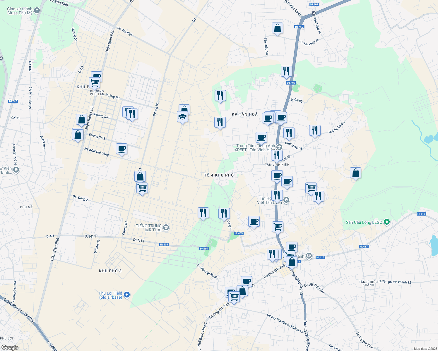 map of restaurants, bars, coffee shops, grocery stores, and more near in Tân Uyên