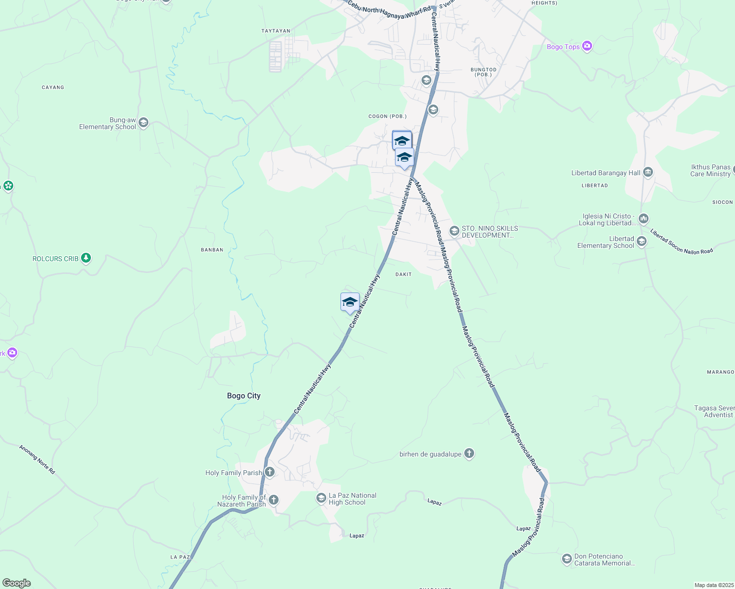 map of restaurants, bars, coffee shops, grocery stores, and more near Central Nautical Highway in Bogo City